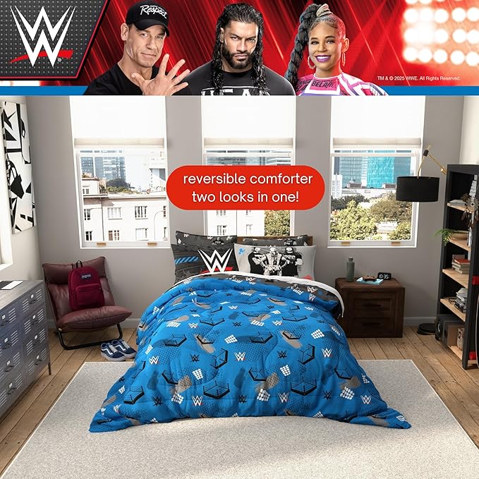 WWE Wrestling Bedding Set, Full Size 7 Piece Set Super Soft Cozy Reversible Comforter and Sheet Set with Sham, (100% Officially Licensed Product) by Franco