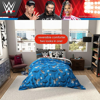 WWE Wrestling Bedding Set, Full Size 7 Piece Set Super Soft Cozy Reversible Comforter and Sheet Set with Sham, (100% Officially Licensed Product) by Franco