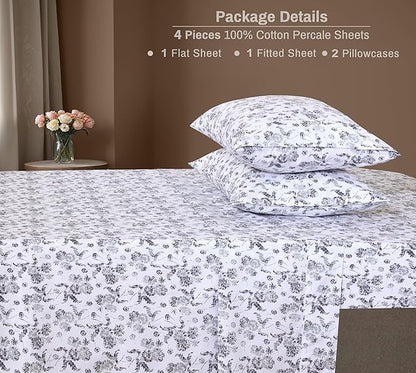 ZOYER 100% Cotton Sheets – Queen Size Percale Bedding, Cooling & Breathable, Durable with a Crisp, Soft & Comfortable Feel, 16" Deep Pocket, 4-Piece Set, Frozen Garden