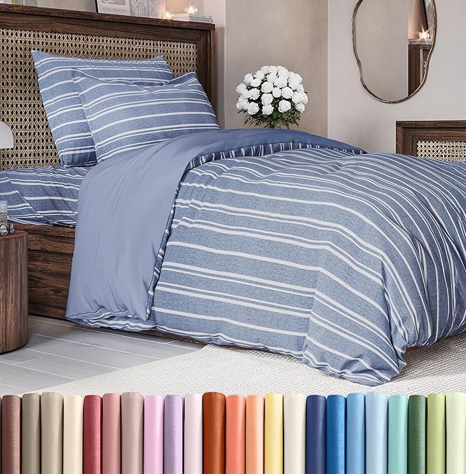 Duvet Cover Twin/Twin XL Size Set - Extra Soft Twin/Twin XL Duvet Cover 68" x 90" with 1 Pillow Sham - Hotel Luxury, Easy Care, Fade Free w/ Zipper Closures & Ties - Comfy & Breathable (Blue Stripes)
