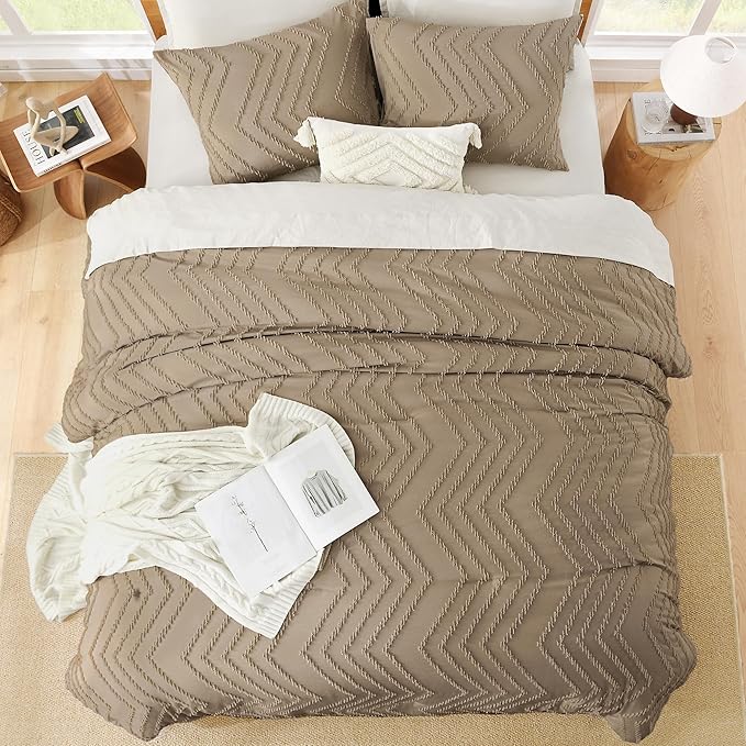 Litanika Comforter Super King Plus Size Set Taupe, 3 Pieces Chevron Tufted Solid Bedding Comforter Sets, Fluffy Bed Set