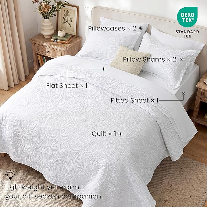Love's cabin Queen Quilt Set White, Bed in a Bag Queen Size Bedding 7 Pieces, Ultrasonic Embossed Coin Pattern Comforter, Lightweight Bedspreads for All Seasons Quilt with Sheets, Pillowcases & Shams