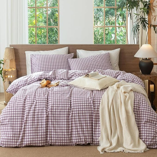 MooMee Gingham Duvet Cover Set 100% Washed Cotton Linen Like Textured Breathable Durable Soft Comfy Modern Checkered Design (Classic Gingham Light Purple, Full 80"x90")