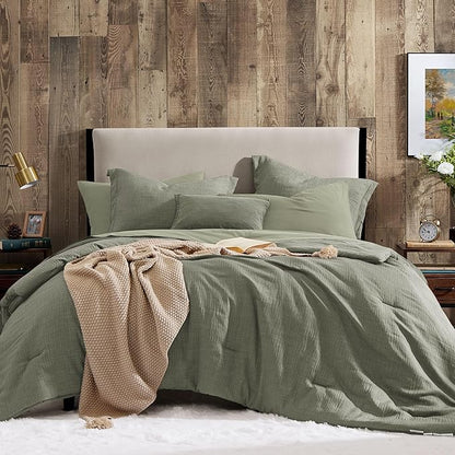 Geniospin Full Comforter Set - 7 Pieces Comforter Full Size, Solid Bedding Sets for All Season, Textured Bed in a Bag with Sheets, Pillowcases and Shams (Sage Green, 80''x90'')