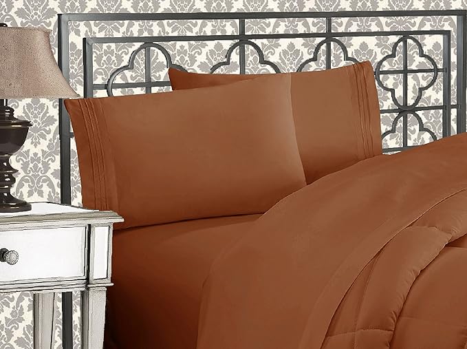 Elegant Comfort Luxurious 1500 Premium Hotel Quality Microfiber Three Line Embroidered Softest 4-Piece Bed Sheet Set, Wrinkle and Fade Resistant, California King, Bronze