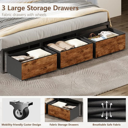 Forestell King Size Bed Frame with Wood Headboard,3 Storage Drawers & Shelf | Built-in Charging Station & LED Lights, Metal Support, No Box Spring Needed, noise-free, easy assembly, Smart RGB, USB+Type-C
