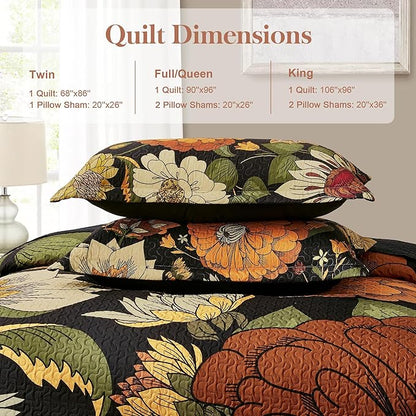 3 Piece Black Boho Floral King Size Quilt Sets Reversible Farmhouse Botanical Lightweight Bedspread Coverlet with 2 Shams Mid Century Microfiber Bedding Quilts Set for All Season,106''x96''