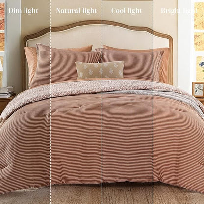 Full Comforter Set - 7 Pieces Autumn Leaf Gauze Muslin Bedding Sets for All Seasons, Lightweight Breathable Bed in a Bag Full with Revesible Farmhouse Comforter, Sheets, Pillowcases & Shams
