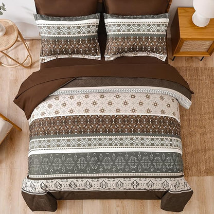 WONGS BEDDING Boho Comforter Set Queen, 7 Pieces Brown Comforter Bedding Set,Bohemian Paisley Floral Bed in a Bag,Soft Microfiber Striped Comforter Bedding Sets for All Season