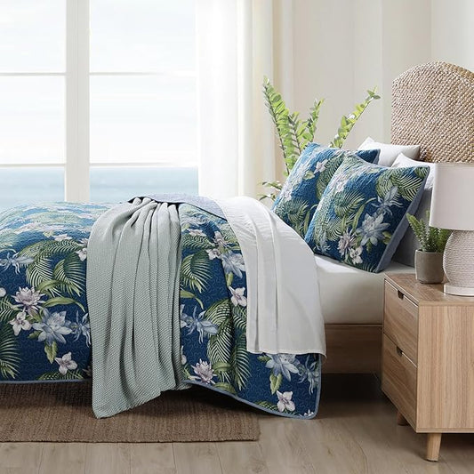 Tommy Bahama - King Quilt Set, Reversible Cotton Bedding with Matching Shams, Medium Weight, Oeko-Tex Certified (Southern Breeze Dark Blue)