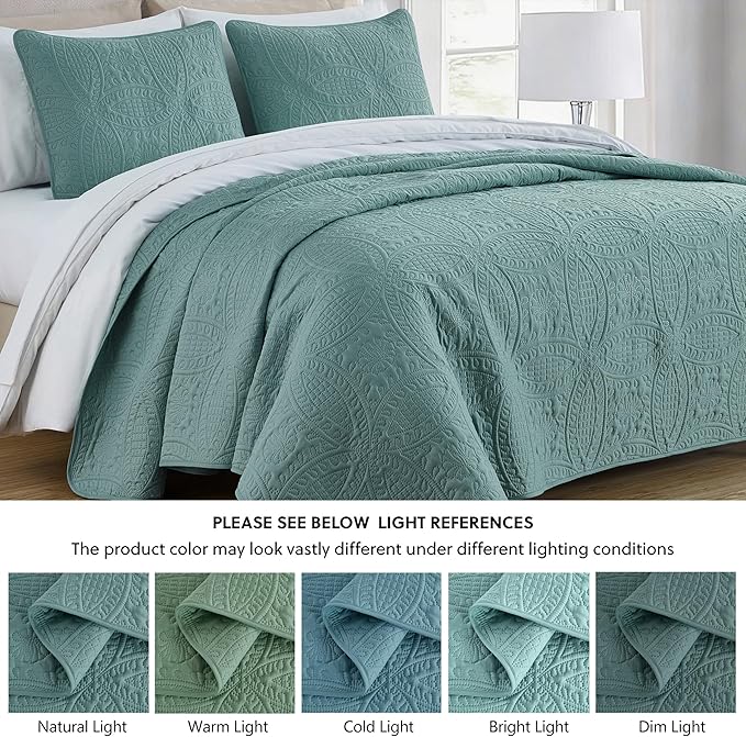 Chezmoi Collection Austin 3-Piece Oversized Bedspread Coverlet Set King, Spa Blue, 118 by 106-Inch | Oversized, Lightweight, Fade Resistant