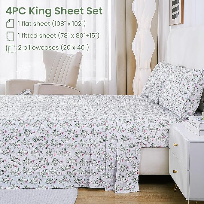 Softan Vintage King Bed Sheets, Cozy Microfiber Flower Printed Sheets with 15" Deep Pocket Fitted Sheet & Non-Slip Straps, Patterned Botanical Wildflower Sheets & Pillowcase Set