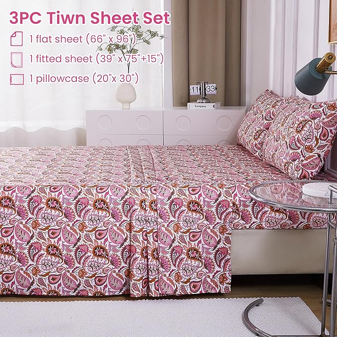 Softan Pink Paisley Floral Twin Sheet Set, 3-Piece Cozy Boho Microfiber Printed Fitted Bed Sheet with 15" Deep Pockets & Non-Slip Straps, Kids Girls Patterned Sheets & Pillowcase Set