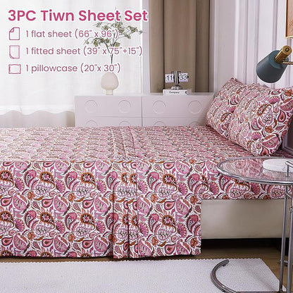 Softan Pink Paisley Floral Twin Sheet Set, 3-Piece Cozy Boho Microfiber Printed Fitted Bed Sheet with 15" Deep Pockets & Non-Slip Straps, Kids Girls Patterned Sheets & Pillowcase Set