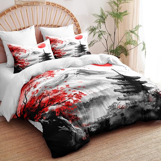 Japanese Style Botanical Comforter Set Twin Size, 2 Pieces Classical Architecture Art Painting Lightweight Summer Comforter with 1 Pillow Case, Ultra Soft Microfiber Bedding Set(68" X 86")