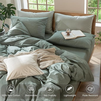 MooMee Bedding Duvet Cover Set 100% Washed Cotton Linen Like Textured Breathable Durable Soft Comfy (Heathered Green, King 104"x90")