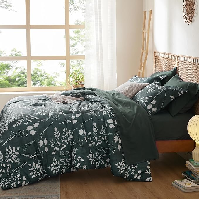 Bedsure Twin Comforter Set - 5 Pieces Floral Forest Green Soft Bedding Sets, Twin Bed in a Bag with Botanical Flowers Comforter, Sheets, Pillowcase & Sham