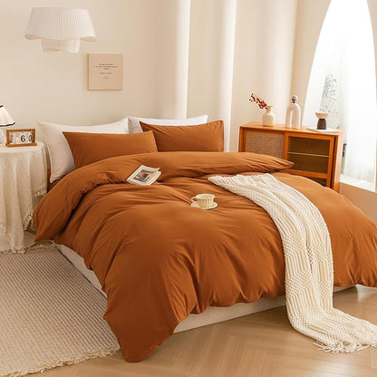 ECOCOTT 100% Washed Cotton Duvet Cover Twin Size – Soft & Breathable Linen Feel Bedding Set, 3 Pieces Orange Comforter Cover with Zipper Closure for All Seasons