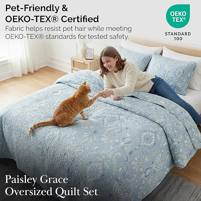 Southshore Fine Living, Inc. Boho Quilt Set, Lightweight Bedspread, Summer Coverlet, 3-Piece Paisley Bedding Set with Two Matching Pillow Shams, California King Quilts, Blue Paisley