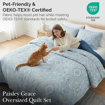Southshore Fine Living, Inc. Boho Quilt Set, Lightweight Bedspread, Summer Coverlet, 3-Piece Paisley Bedding Set with Two Matching Pillow Shams, California King Quilts, Blue Paisley