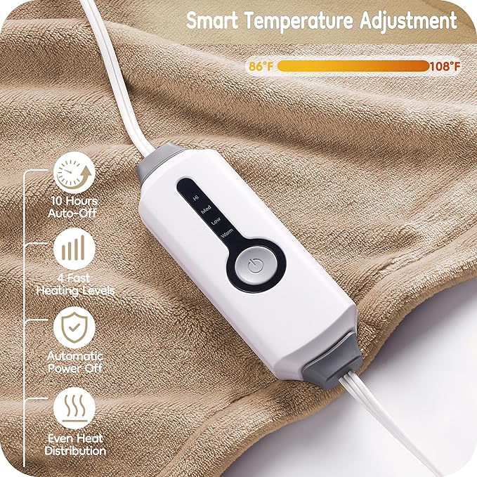 Electric Heated Blanket Twin Size 62"×84", Breathable & Luxurious Flannel, Soft Warm Gift with Over-Heat Protection, 4 Heating Levels & 10 H Auto Shut Off, Machine Washable, Light Brown