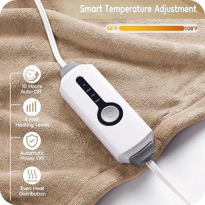 Electric Heated Blanket Twin Size 62"×84", Breathable & Luxurious Flannel, Soft Warm Gift with Over-Heat Protection, 4 Heating Levels & 10 H Auto Shut Off, Machine Washable, Light Brown