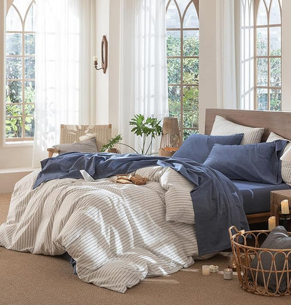 MooMee Bedding Sheet Set 100% Washed Cotton Linen Like Textured Breathable Durable Soft Comfy (Heathered Blue, Full)