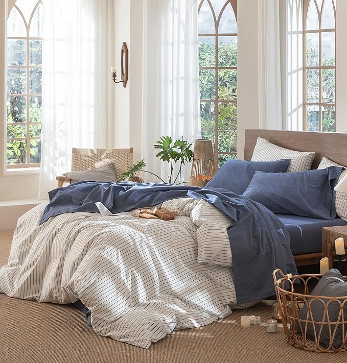 MooMee Bedding Sheet Set 100% Cotton Linen Like Textured Breathable Durable Soft Comfy (Heathered Blue, Queen)