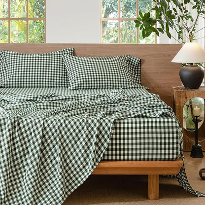 MooMee Gingham Sheet Set 100% Washed Cotton Linen Like Textured Breathable Soft w/Fully Elasticized 16-19" Deep Pocket (Classic Gingham Forest Green, King)