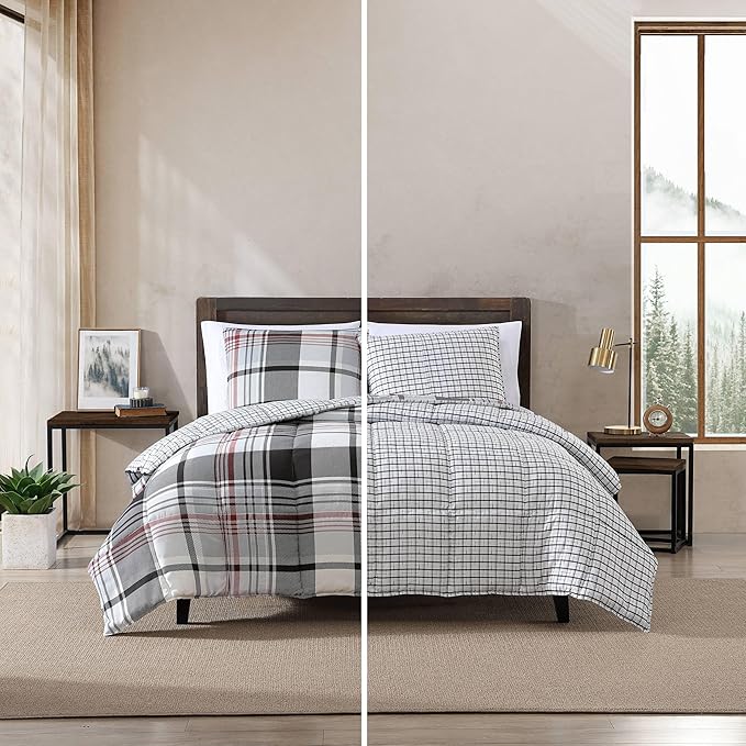 Eddie Bauer- King Comforter Set, Reversible Microsuede Bedding with Matching Sham(s), Casual Home Decor (Normandy Plaid Black, King)
