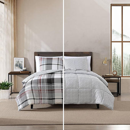 Eddie Bauer- Queen Comforter Set, Reversible Microsuede Bedding with Matching Sham(s), Casual Home Decor (Normandy Plaid Black, Queen)