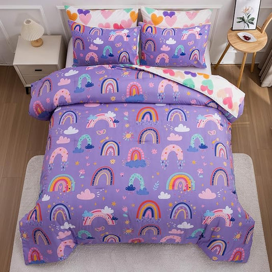 Btargot Lightweight Soft 3 Piece Rainbow Comforter Set with 2 Pillow Covers, Cartoon Love Hearts Flowers and Sun Star Bedding Set for Girls Boys Kids, Full Dark Purple