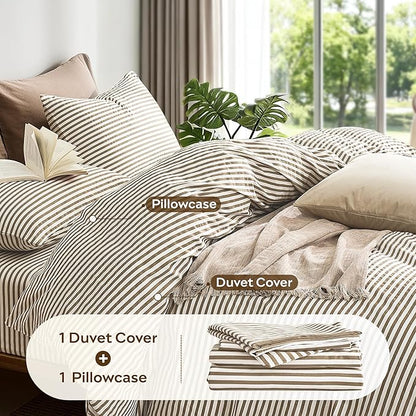 JELLYMONI 100% Natural Cotton 2pcs Striped Duvet Cover Sets,White Duvet Cover with Khaki Stripes Pattern Printed Comforter Cover,with Zipper Closure & Corner Ties(Twin Size)