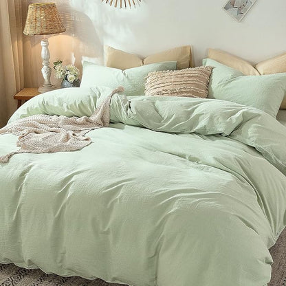 MooMee Bedding Duvet Cover Set 100% Washed Cotton Linen Like Textured Breathable Durable Soft Comfy (Heathered Seaglass Green, King 104"x90")