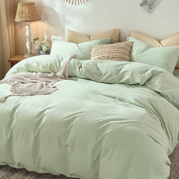 MooMee Bedding Duvet Cover Set 100% Washed Cotton Linen Like Textured Breathable Durable Soft Comfy (Heathered Seaglass Green, Queen 90"x90")