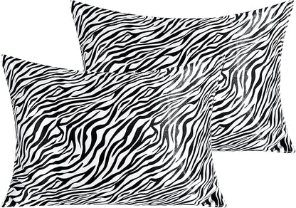 NTBAY 2 Pack Satin Standard Pillowcases for Hair and Skin, Luxurious and Silky Zebra Printed Pillow Cases with Envelope Closure, 20x26 Inches, Black and White