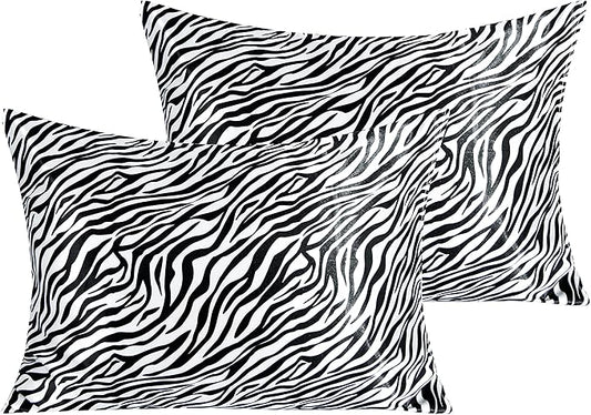 NTBAY 2 Pack Satin Standard Pillowcases for Hair and Skin, Luxurious and Silky Zebra Printed Pillow Cases with Envelope Closure, 20x26 Inches, Black and White