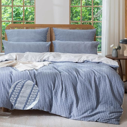 MILDLY Jacquard Stripe Duvet Cover - 100% Washed Cotton Blue Boho Textured Comforter Cover Set with Zipper Closure 104"x90"