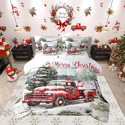 Castle Fairy Merry Christmas Comforter Set 7 Pieces,Red Truck Snowman Bed Set for Adults,Winter Pine Tree Bedding Queen with 1 Comforter,1 Fitted Sheet,1 Flat Sheet,2 Pillowcases,2 Throw Pillow Cover
