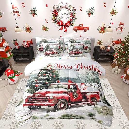 Castle Fairy Merry Christmas Comforter Set 7 Pieces,Red Truck Snowman Bed Set for Adults,Winter Pine Tree Bedding Queen with 1 Comforter,1 Fitted Sheet,1 Flat Sheet,2 Pillowcases,2 Throw Pillow Cover