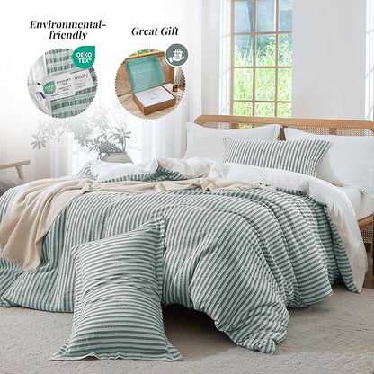 MILDLY Emerald Striped Duvet Cover - 100% Washed Cotton Jacquard Boho Textured Comforter Cover 2pcs with Corner Ties Zipper Closure 68"x90"