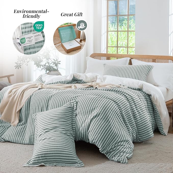 MILDLY Emerald Striped Duvet Cover - 100% Washed Cotton Jacquard Boho Textured Comforter Cover 3pcs with Corner Ties Zipper Closure 80"x90"
