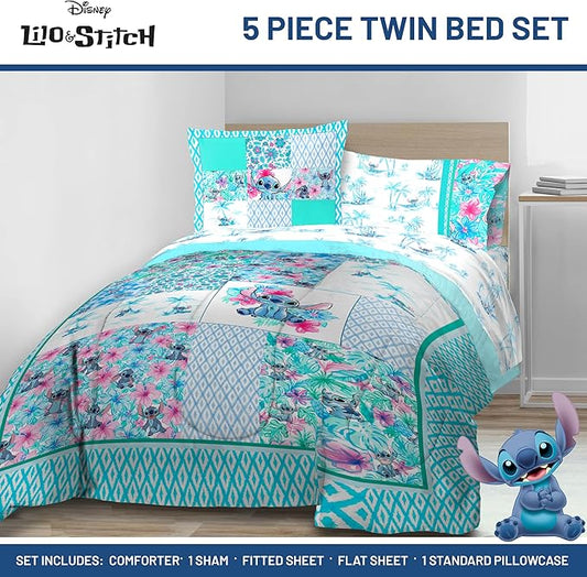 Jay Franco Kids Comforter Set Includes Sheets and Pillow Covers - Soft and Cozy Bed Set for Stylish Room Decor, Multi - Lilo and Stitch 02, 5 Piece Twin Bedding