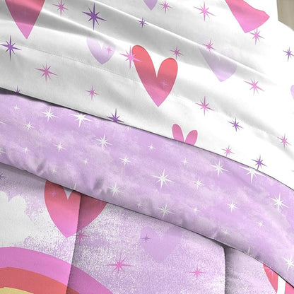 dream FACTORY Kids 7-Piece Complete Set Easy-Wash Super Soft Microfiber Comforter Bedding, Full, Purple Unicorn Rainbow