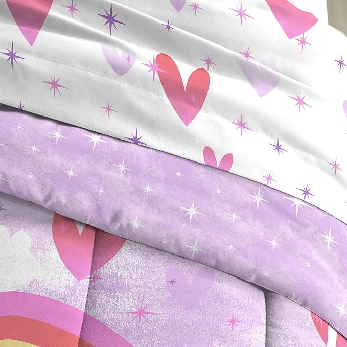 dream FACTORY Kids 5-Piece Complete Set Easy-Wash Super Soft Microfiber Comforter Bedding, Twin, Purple Unicorn Rainbow