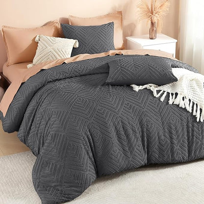 Litanika Dark Grey Queen Comforter Set, 3 Pieces Tufted Boho Farmhouse Bedding Comforter Sets, Lightweight Fluffy Comforter Bed Set for All Season (90x90In Comforter and 2 Pillowcases)