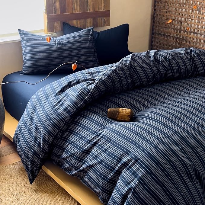 Striped Duvet Cover Twin XL Navy Blue Washed Cotton Twin XL Comforter Cover Soft Grey Vertical Stripe Farmhouse Duvet Cover Set with Zipper Boho Patterned Bedding Set Wabi Sabi Duvet Protector