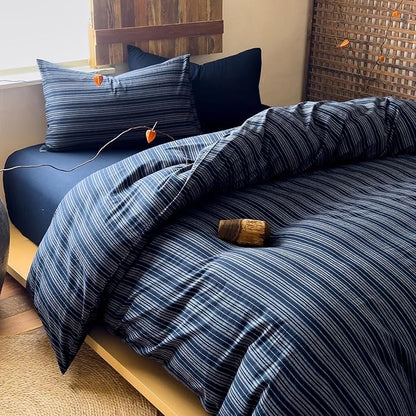 Striped Duvet Cover Twin Navy Blue Washed Cotton Comforter Cover Twin Soft Grey Vertical Stripe Farmhouse Duvet Cover Set with Zipper Boho Patterned Bedding Set Wabi Sabi Duvet Protector