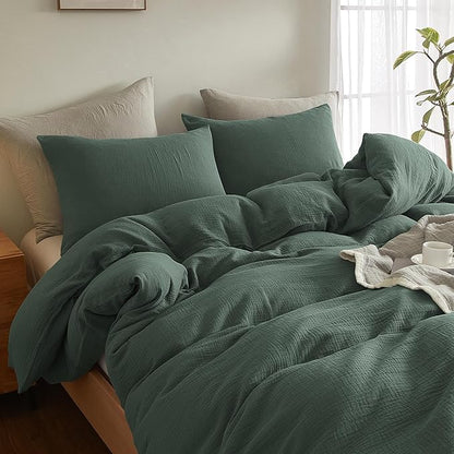 SE SOFTEXLY Muslin Duvet Cover Oversized King Size, 100% Washed Cotton Duvet Cover Set, Ultra Soft Comforter Cover Linen Like, 3 Pieces Gauze Duvet Cover with 2 Pillowcases, 98"x120", Forest Green