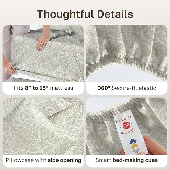 California Design Den Deep Pocket Twin Sheets Set - 400 Thread Count Sateen, Natural 100% Cotton Sheets, and Durable Bedding Set - Paisley Beige